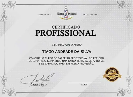 Certificado Profissional de Conclusão do Treinamento de Barbeiro Profissional