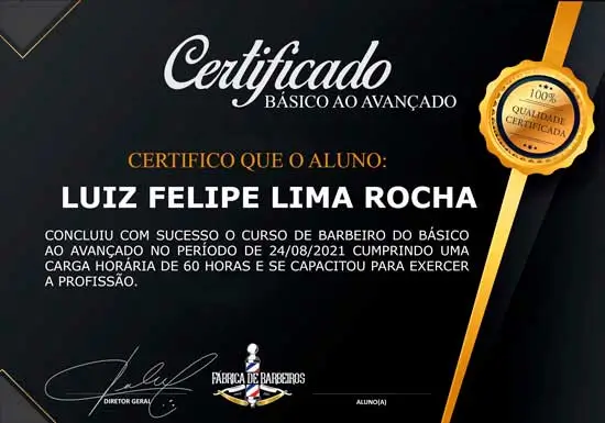 Certificado do Curso de Barbeiro Profissional (Básico ao Avançado) emitido pela Fábrica de Barbeiros
