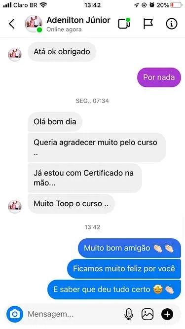 Print de elogio ao curso pelo Instagram Direct